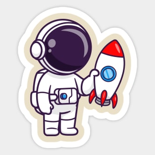 Cute Astronaut Holding Rocket Cartoon Sticker
